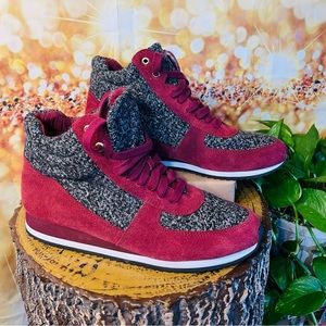 Isaac Mizrahi Live! "Bessie" Burgundy Suede & Grey Tweed Wedge Sneakers- Size 10